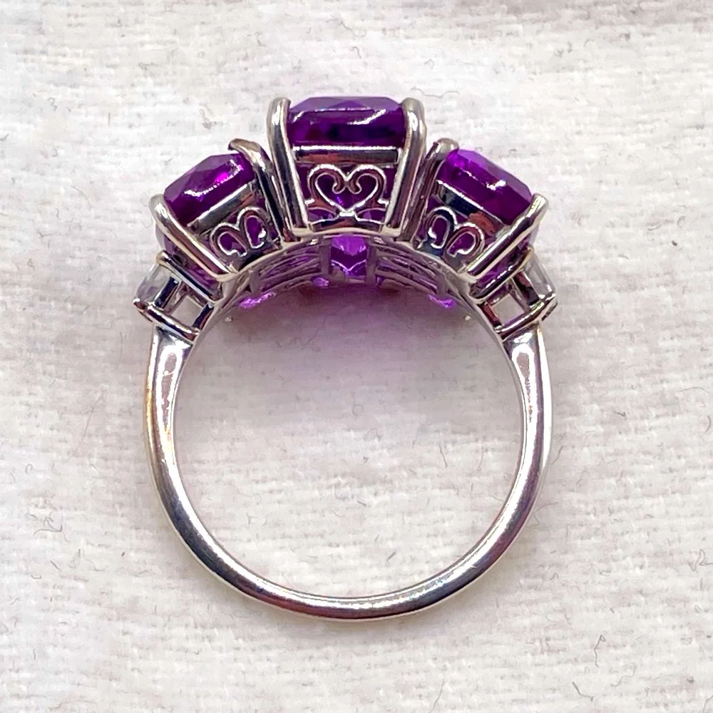 Huge Color Change Lab Sapphire Trilogy Cocktail Ring. Platinum over Sterling - Picture 7 of 16